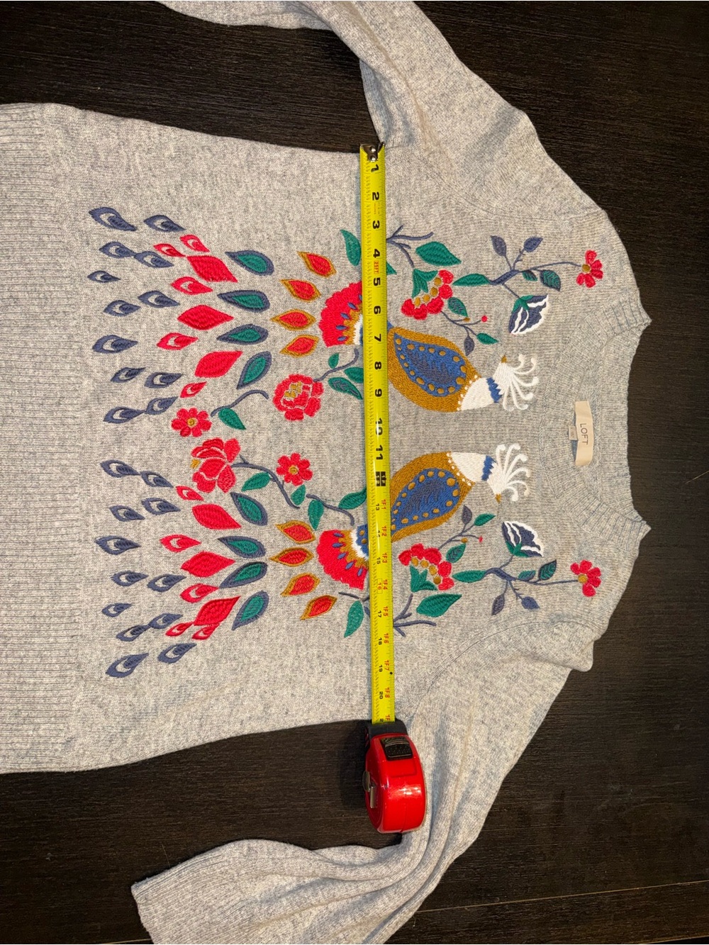 Loft Embroidered Floral Bird Peacock Art deco Sweater Wool Blend Bell Sleeves - Picture 5 of 9